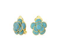 Boucles D'Oreilles Rétro À Clip En Forme De Rose En Émail Bleu Turquoise Simulé Style Bouton Pour Oreilles Non Percées En Laiton Plaqué Or