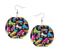 Boucles d'oreilles rétro en cuir de patins à roulettes - Boucles d'oreilles rondes en cuir PVC imprimé double face avec crochets plaqués argent 925, taille unique, argent sterling, pierre d'or, One