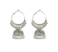 Boucles d'oreilles Rondes Bollywood Oxydées Couleur Argent Vintage pour Femmes Kolczyki Ethnique Gland Jhumka Boucles d'oreilles Cadeau