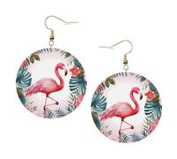Boucles d'oreilles rondes élégantes en cuir floral avec flamant rose - Accessoires tendance et uniques pour un usage quotidien, taille unique