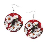 Boucles d'oreilles rondes en cuir avec fleur rouge et marguerite blanche - Couleur : Saint-Valentin, festival, activités tendance pour femmes, taille unique, Simili cuir