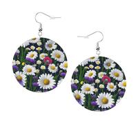 Boucles d'oreilles rondes en cuir avec fleurs sauvages et marguerites - Accessoires quotidiens pour le travail au travail - Mode femme, taille unique, Simili cuir