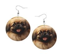 Boucles d'oreilles rondes en cuir avec image de chien pékinois - Élégantes et belles - Légères - Pour femmes et filles, taille unique, Cuir