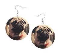 Boucles d'oreilles rondes en cuir avec imprimé carlin, élégantes et légères pour femmes et filles, taille unique, cuir, sans pierre précieuse
