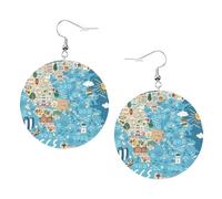 Boucles d'oreilles rondes en cuir avec imprimé carte de la Grèce - Élégantes et légères - Pour femmes et filles - Taille unique - Cuir - Sans pierre précieuse