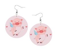 Boucles d'oreilles rondes en cuir avec imprimé cochon volant de dessin animé, élégant et léger, pour femmes et filles, taille unique, cuir, sans pierre précieuse
