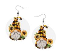 Boucles d'oreilles rondes en cuir avec imprimé floral jaune et motif nain d'abeille pour femmes et filles, taille unique, cuir, sans pierre précieuse