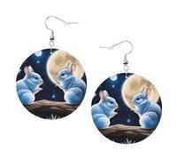 Boucles d'oreilles rondes en cuir avec motif chinchillas et lune bleues, élégantes et belles, légères pour femmes et filles, taille unique, Cuir
