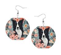 Boucles d'oreilles rondes en cuir avec motif floral Border Collie avec crochets plaqués argent 925, taille unique, argent sterling, pierre dorée, One Size, Argent sterling, goldstone