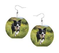 Boucles d'oreilles rondes en cuir Border Collie avec crochets plaqués argent 925, taille unique, argent sterling, pierre dorée, One Size, Argent sterling, goldstone