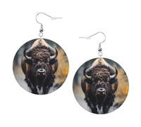 Boucles d'oreilles rondes en cuir de bison d'Amérique du Nord - Boucles d'oreilles pendantes rondes double face en cuir PVC avec crochets plaqués argent 925, taille unique, argent sterling, pierre