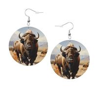 Boucles d'oreilles rondes en cuir de troupeau de bison d'Amérique du Nord - Boucles d'oreilles pendantes rondes double face en cuir PVC avec crochets plaqués argent 925, taille unique, argent sterling