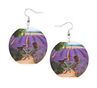 Boucles d'oreilles rondes en cuir de vélo de terrain Lavande - Boucles d'oreilles pendantes en cuir PVC imprimé double face avec crochets plaqués argent 925, taille unique, argent sterling, pierre