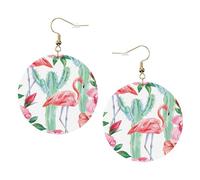 Boucles d'oreilles rondes en cuir motif cactus flamant rose fleurs couleur Saint-Valentin festival activités mode femme, taille unique, Simili cuir