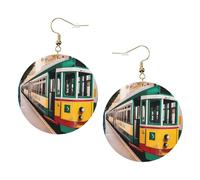 Boucles d'oreilles rondes en cuir motif de tramway de Lisbonne, couleur Saint-Valentin, festival, activités, mode pour femmes, taille unique, Simili cuir