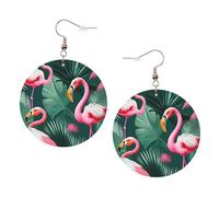 Boucles d'oreilles rondes en cuir motif feuille de palmier et flamants roses pour la Saint-Valentin, les festivals, les activités tendance pour femmes, taille unique, Simili cuir