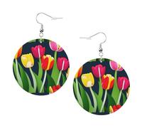 Boucles d'oreilles rondes en similicuir, boucles d'oreilles tendance, boucles d'oreilles pendantes avec motif de tulipes colorées mignonnes