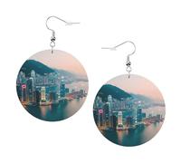 Boucles d'oreilles rondes en similicuir, boucles d'oreilles tendance, jolies boucles d'oreilles pendantes imprimées Hong Kong