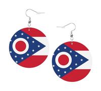 Boucles d'oreilles rondes imprimées drapeau de l'État de l'Ohio pour femme, 1 paire de boucles d'oreilles percées en cuir léger, bijoux tendance, cadeaux pour femmes et filles, One Size, Polyester