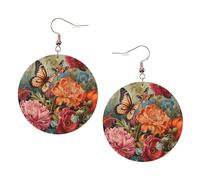 Boucles d'oreilles rondes imprimées fleurs et papillons pour femme, 1 paire de boucles d'oreilles percées en cuir léger, bijoux tendance, cadeaux pour femmes et filles, One Size, Polyester