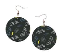 Boucles d'oreilles rondes imprimées graffiti skateboard pour femme, 1 paire de boucles d'oreilles percées en cuir léger, bijoux tendance, cadeaux pour femmes et filles, One Size, Polyester