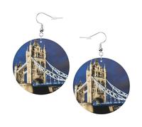 Boucles d'oreilles rondes imprimées Tower Bridge In London pour femme, 1 paire de boucles d'oreilles percées en cuir léger, bijoux tendance, cadeaux pour femmes et filles, One Size, Polyester