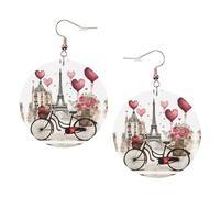 Boucles d'oreilles rondes Love Paris Tower Café Vin Parfum Vélo Cœur Imprimé Rond pour Femme 1 Paire de boucles d'oreilles percées en cuir léger Ensemble de bijoux tendance Cadeaux pour femmes filles