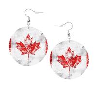 Boucles d'oreilles rondes rétro en cuir avec imprimé drapeau du Canada - Élégantes et légères - Pour femmes et filles - Taille unique - Cuir - Sans pierre précieuse