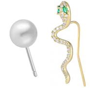 Boucles d'oreilles serpent et perle d'inspiration vintage avec yeux émeraude, crochets plaqués or, bijoux élégants pour femme, taille unique, zircon + argent, sans pierre précieuse