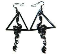 Boucles d'oreilles serpent noires avec breloques triangle et lune - Pendentif serpent occulte - Peinture en métal - Sans pierre précieuse, Métal, Pas de gemme