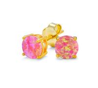 Boucles D'Oreilles Solitaire Ronde En Opale Rose Créée Argent Sterling 14K Plaqué Or 6Mm Pierre De Octobre