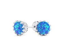 Boucles D'Oreilles Solitaires En Or 14K Plaqué .925 Argent Sterling Avec Sertissage Iridescent D'Opale Blanche, Bleue Et Orange 6Mm Pierre De