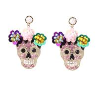 Boucles d'oreilles squelette d'Halloween pour femme avec strass scintillants - Crâne en sucre - Accessoires de bijoux d'Halloween, Strass, Pas de gemme
