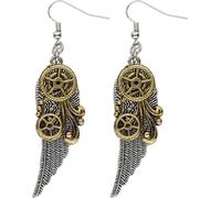 Boucles d'oreilles steampunk avec engrenages et plumes pour adultes