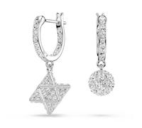 Pendants d'oreilles Dextera, Design asymétrique, Coupe ronde, Étoile et sphère, Blanches, Métal rhodié OS