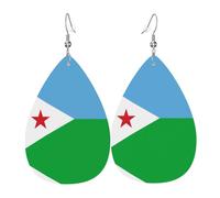Boucles d'oreilles tendance en cuir plaqué argent PVC, idéales pour les fêtes de festival ou pour un usage personnel. Drapeau de Djibouti