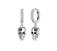 Boucles d'Oreilles Tête de Mort en Argent Sterling 925 - Huggie Hoop Dangle Goth Halloween - Bijoux Cadeaux pour Femmes