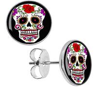 Boucles d'Oreilles Tête de Mort Mexicaine Clous Calavera Fleur Rose Rouge 10mm puce crane skull cadeau anniversaire st valentin homme femme bijou biker motard garçon fille fête mères mamans père papa