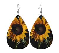 Boucles d'oreilles tournesol à fond noir pour femme, boucles d'oreilles en cuir en forme de larme, boucles d'oreilles pendantes double face, légères pour femme, accessoires d'oreille pour femme