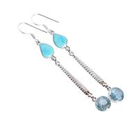 Boucles d'oreilles turquoise et topaze bleue - Poire et cabochon rond serti en argent 925, boucles d'oreilles artisanales de 88 mm de long, 10x8, 9, Argent sterling, Turquoise Arizona, topaze bleue