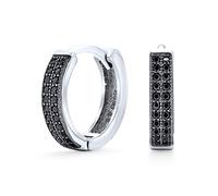 Boucles D'Oreilles Unisexe En Zircone Cubique Pavée Noire Micro Pave Row Slender Huggie Hoop Pour Femmes Ados Hommes Zircone Cubique .925 Argent Sterling .30 Diametre