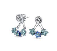 Boucles d'oreilles veste à clous avant-arrière en zircon cubique bleu aqua en forme de fleur pour femmes et adolescentes en argent sterling .925
