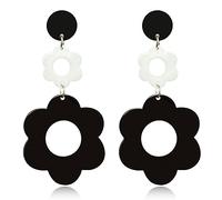 Boucles d'oreilles vintage en acrylique pour femme - Double marguerite - Boucles d'oreilles pendantes en résine - Fleurs jaunes et blanches - Boucles d'oreilles des années 60/70, Métal
