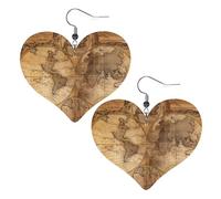 Boucles d'oreilles vintage en cuir avec imprimé carte du monde ancienne, pendentif en forme de cœur élégant et léger pour femmes et filles, taille unique, cuir, sans pierre précieuse