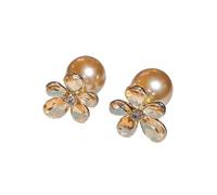 Boucles d'Oreilles Vintage Perle et Fleur, Boucles d'Oreilles à Clous avec Accents Réfléchissants Champagne, Bijoux Floraux Tons Chauds pour Femmes