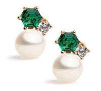 Boucles d'oreilles Woolf de perles de culture d'eau douce blanches type bouton de 6-6.5mm, Émeraude synthétique et Zircone | Secret & You | Argent massif 925 plaqué or 18K