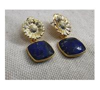 Boucles oreille MISTINGUETTE clou fleur de tournesol doré et pierre carré en lapis laz