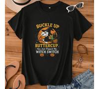 Bouclez-vous Buttercup, vous venez juste de retourner ma citrouille d'Halloween. Snoopy chevauchant un balai. T-shirt à manches courtes décontracté pour femmes avec imprimé bande dessinée mignonne de