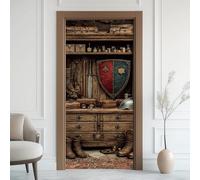 Bouclier Chevalier Épée Bottes Sticker Mural, Tribu Historique Médiévale Autocollants De Porte Muraux Décoration Poster Murale, Style Amérindien Stickers de Porte Imperméable Vinyle 80x200 cm