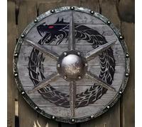 Bouclier de Guerrier Viking LARP - Bouclier Rond Médiéval avec Motif d'Oiseau en Bois et Acier, Armure Réplique Nautique pour Halloween, Décor Templier et Nordique #A